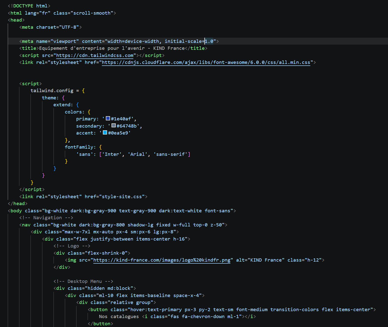 Code du site dans VS Code